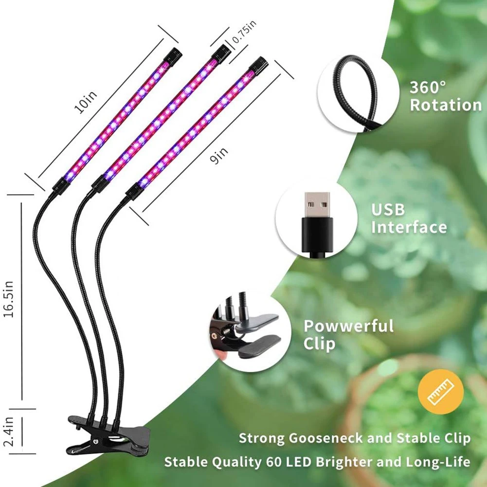 5V USB 3 Head LED Grow Light 90LED Dimmable Clip Plant Growth Lamp with Control + US Wall Charger for Plants Flowers Grow Box
5V USB 3 Head LED Grow Light 90LED Dimmable Clip Plant Growth Lamp with Control + US Wall Charger for Plants Flowers Grow Box