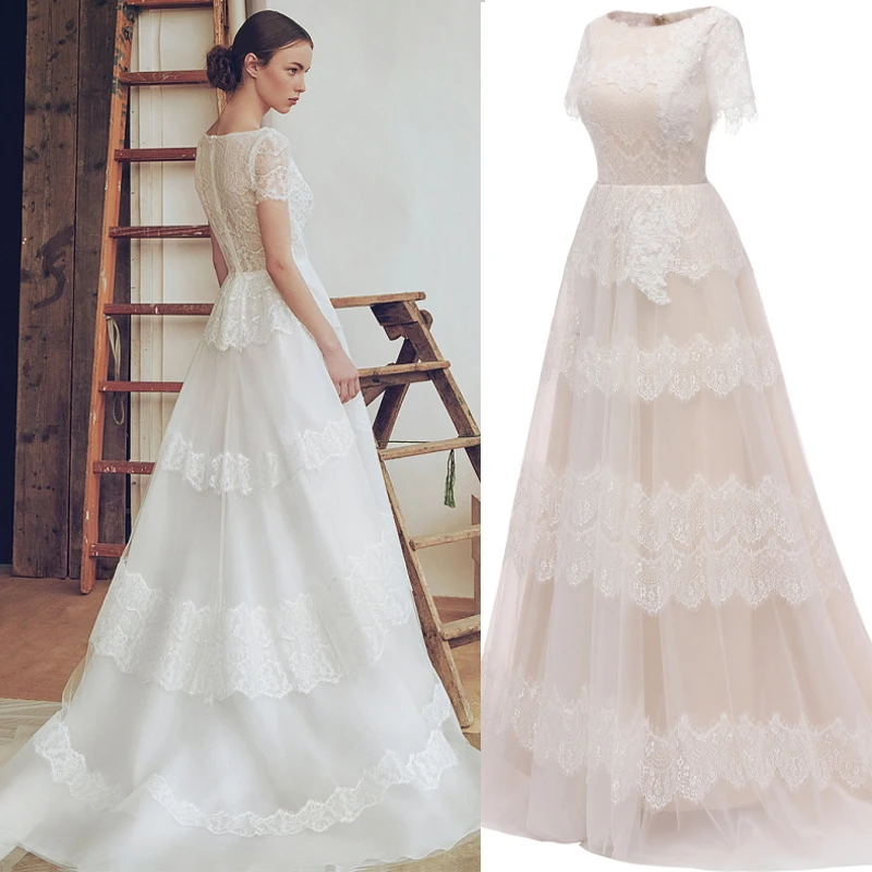 Elegant Casual Short Lace Sleeves Appliques Sweep Train Wedding Gown For Plus Size Engagement Party Dresses Prom Evening Dresses
Elegant Casual Short Lace Sleeves Appliques Sweep Train Wedding Gown For Plus Size Engagement Party Dresses Prom Evening Dresses