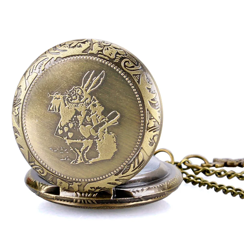 Alice Necklace Pocket Watch with Rabbit Drink Me Tag Accessory Lovely Clock Sweater Chain Bronze Quartz Pendant | Наручные часы