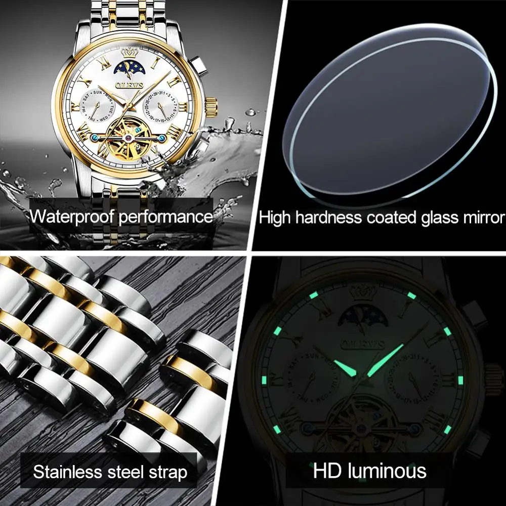 Olevs brand original automatic mechanical movement fashion hollow out luminous moon phase waterproof business men's Watch
Olevs brand original automatic mechanical movement fashion hollow out luminous moon phase waterproof business men's Watch