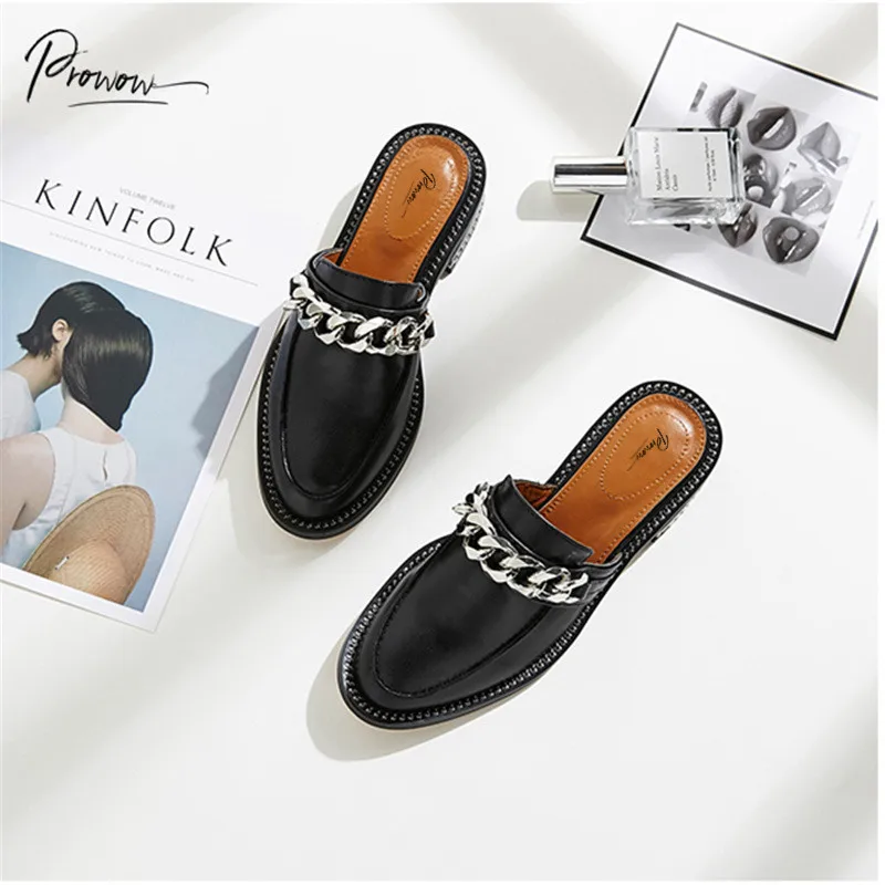 Prowow New Summer Black White Genuine Leather Shoes Woman Slippers Round Toe Metal Chain Women Shoes Slippers Mules Shoes Woman 
Prowow New Summer Black White Genuine Leather Shoes Woman Slippers Round Toe Metal Chain Women Shoes Slippers Mules Shoes Woman