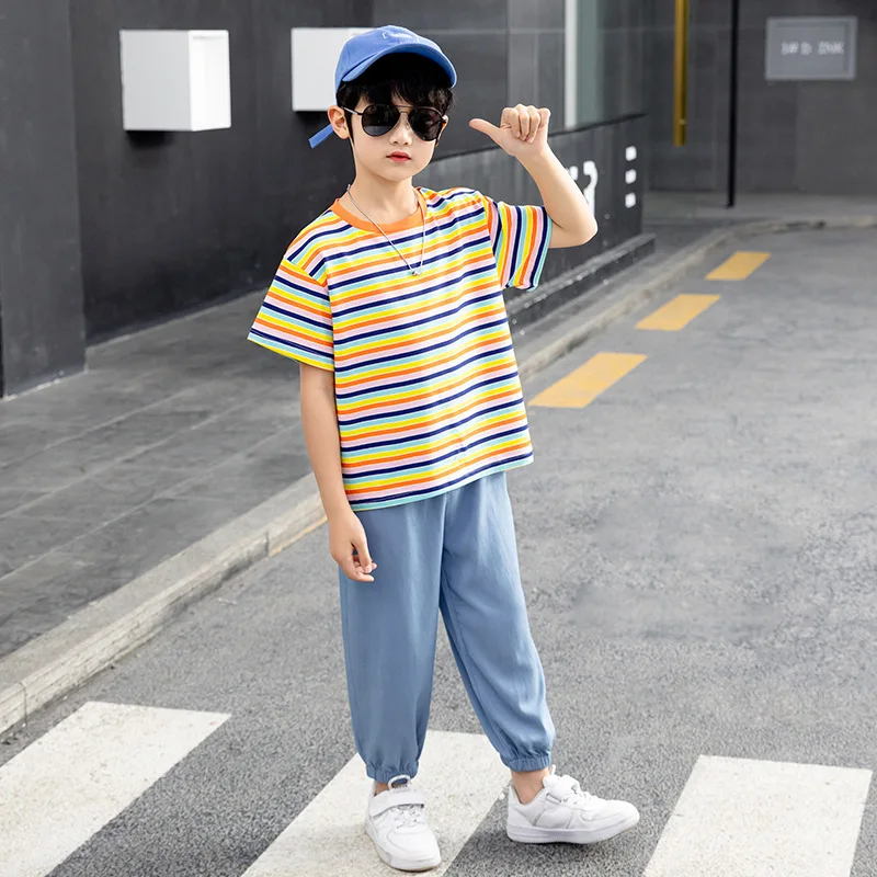 Boys Summer Tracksuit Children Clothing Teen Casual Kids Fashion Striped Short Sleeve T-shirt Tops+ Blue Loose Trousers 2pcs Set
Boys Summer Tracksuit Children Clothing Teen Casual Kids Fashion Striped Short Sleeve T-shirt Tops+ Blue Loose Trousers 2pcs Set