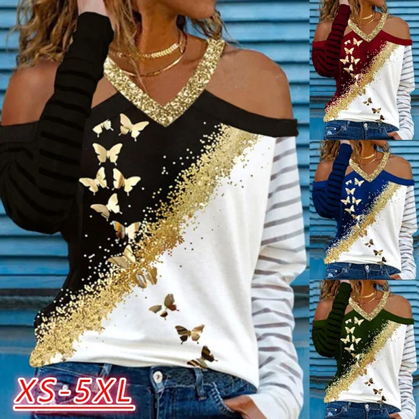 Gold Butterfly Print Sexy Off Shoulder T Shirt Women 2021 Autumn Fashion Clothing Casual Sequin Slim Tee Shirt Femme Ladies Tops
Gold Butterfly Print Sexy Off Shoulder T Shirt Women 2021 Autumn Fashion Clothing Casual Sequin Slim Tee Shirt Femme Ladies Tops