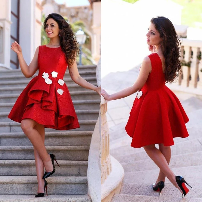 

Red Cocktail Dresses 2020 Jewel Neck Junior Homecoming Dresses Short Hand Made Flowers Arabic Prom Party Gowns