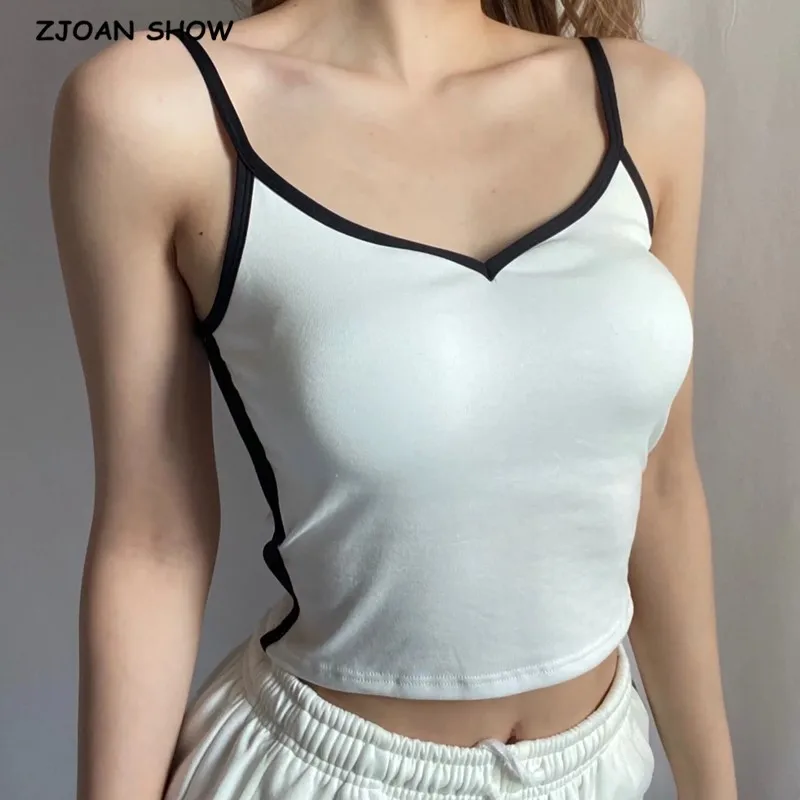 

CHIC Ｗhite Black color Sweetheart Neckline Camisole With Padded Cup And Contrast Piping Sexy Cami Top