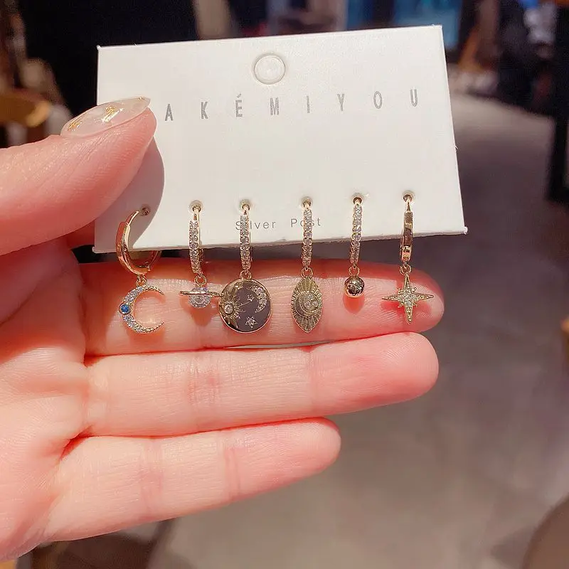 High quality Trendy 6pcs/set Inlaid zircon Gold color star moon earrings cute earring hoop earrings fashion jewelry women
High quality Trendy 6pcs/set Inlaid zircon Gold color star moon earrings cute earring hoop earrings fashion jewelry women