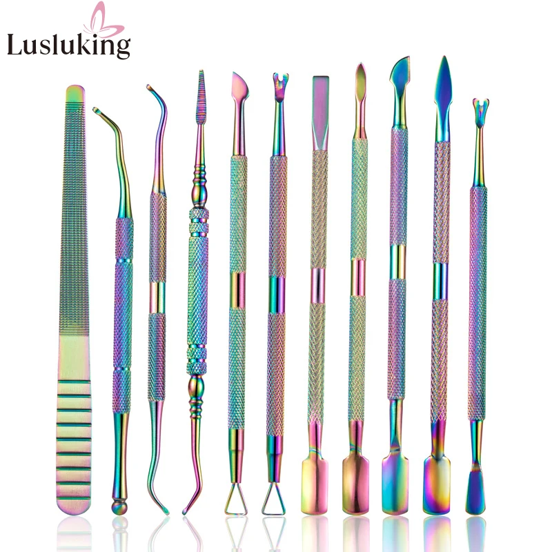 

11 Style Rainbow Stainless Steel Nail Cuticle Pusher Tweezer Nail Art Files UV Gel Polish Remove Manicure Care Groove Clean Tool