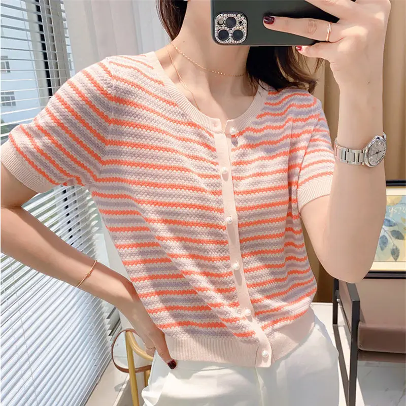Women's Short-sleeved Color Striped T-shirt Ice Silk Sweater Summer Women's Thin Loose Belly Cover Top
Women's Short-sleeved Color Striped T-shirt Ice Silk Sweater Summer Women's Thin Loose Belly Cover Top