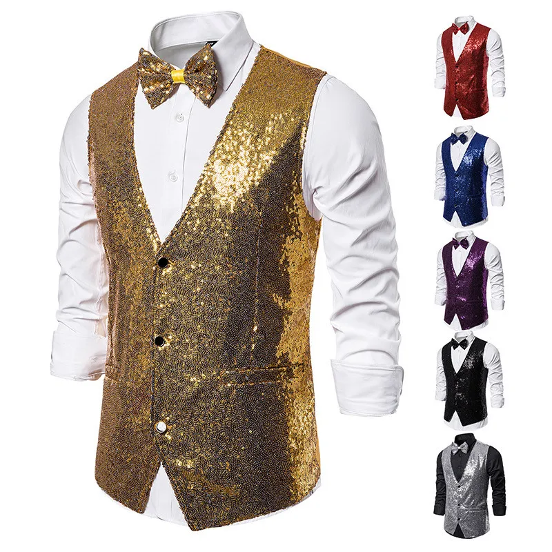 Shiny Gold Sequin Sparkling Waistcoat Men Slim Fit V Neck 2 Pieces Mens Vest with Bowtie Wedding Party Stage Prom Costume Gilet
Shiny Gold Sequin Sparkling Waistcoat Men Slim Fit V Neck 2 Pieces Mens Vest with Bowtie Wedding Party Stage Prom Costume Gilet