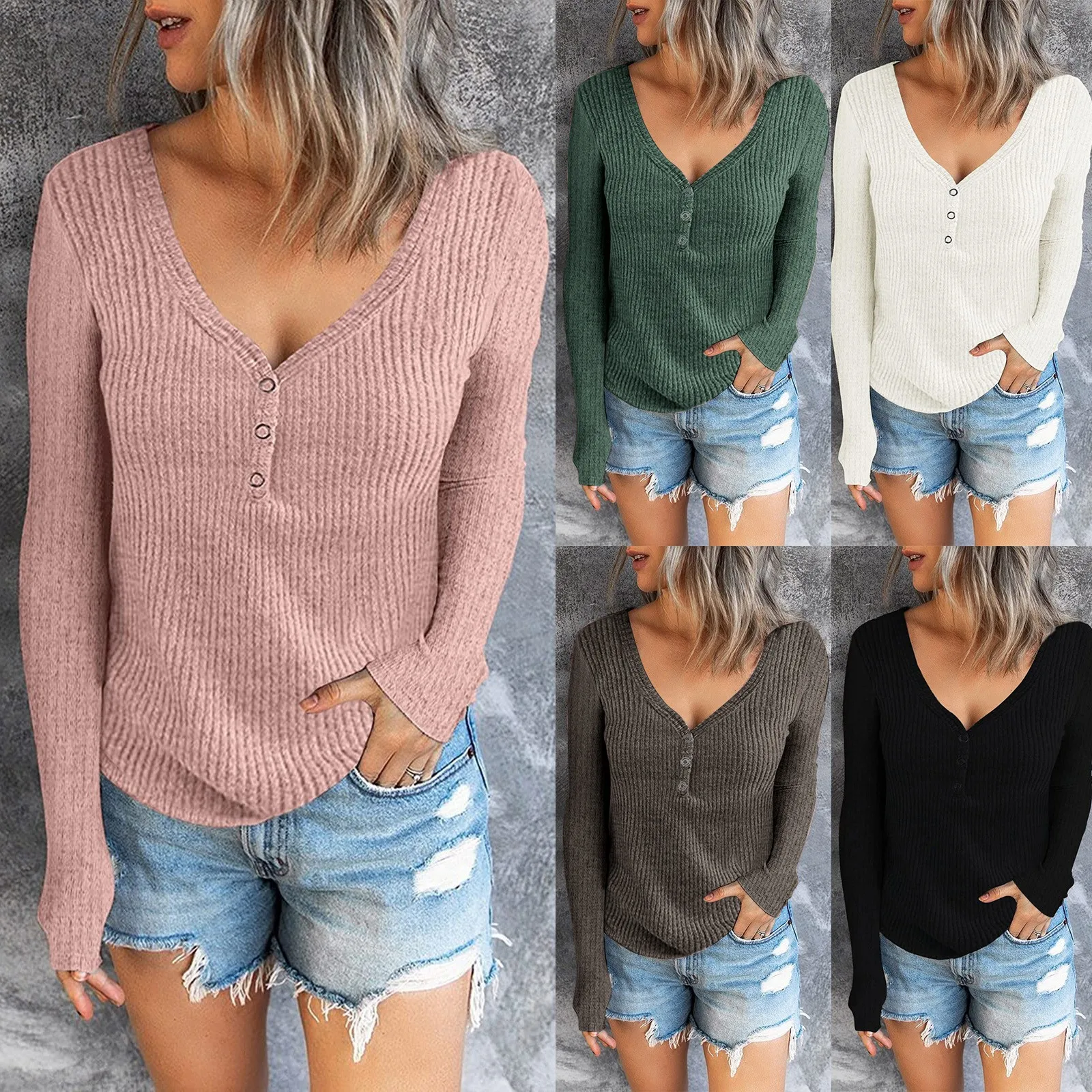 

Women's Cotton T-shirts Tops Knitted Blusas Plus Size Casual Solid Color Long Sleeve Buttons V-neck Ribbed Tunic Top T-shirt
