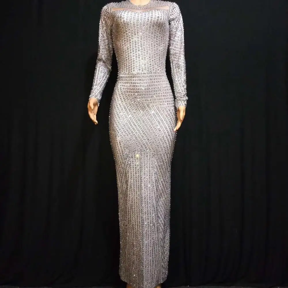 Women's Elegant Shining Rhinestone Slit Long Sleeves Slim Ankle Length Dress Party Female Singer Skinny Performance Costumes
Women's Elegant Shining Rhinestone Slit Long Sleeves Slim Ankle Length Dress Party Female Singer Skinny Performance Costumes