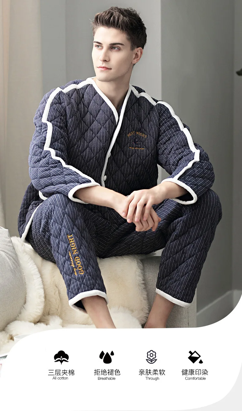 Winter Pijama Hombre Warm Home Clothing Luxury Striped Bird Letters Embroidery Chic Mens Pyjama 3 Layer Padded Cotton Velvet Pjs
Winter Pijama Hombre Warm Home Clothing Luxury Striped Bird Letters Embroidery Chic Mens Pyjama 3 Layer Padded Cotton Velvet Pjs