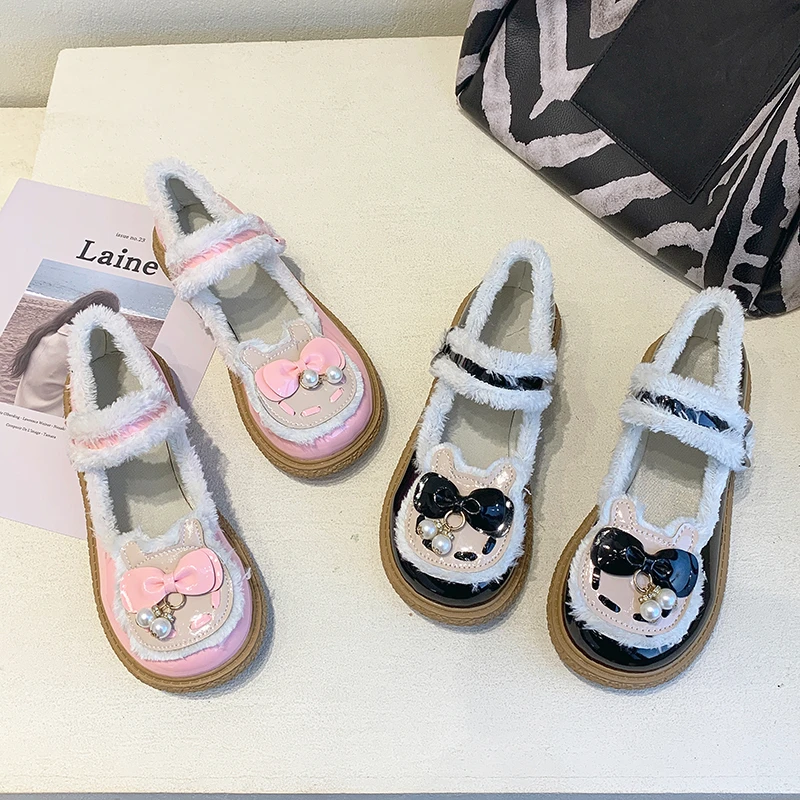 

Original Sweet Loli Japanese Round Shoes Cute Winter Keep Warm Plush Thick Soled Shoes Lolita Soft Sister JK Small Leather Shoes