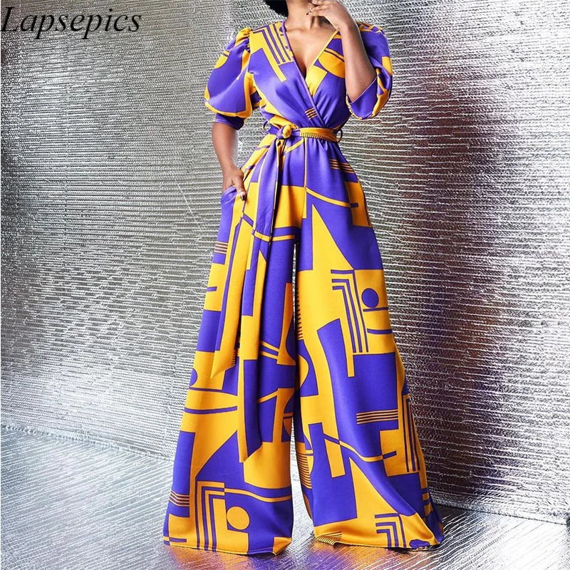 Short Sleeve V Neck Elegant Jumpsuit Geometric Printed High Waist Wide Leg One Piece Romper Chic Overalls
Short Sleeve V Neck Elegant Jumpsuit Geometric Printed High Waist Wide Leg One Piece Romper Chic Overalls