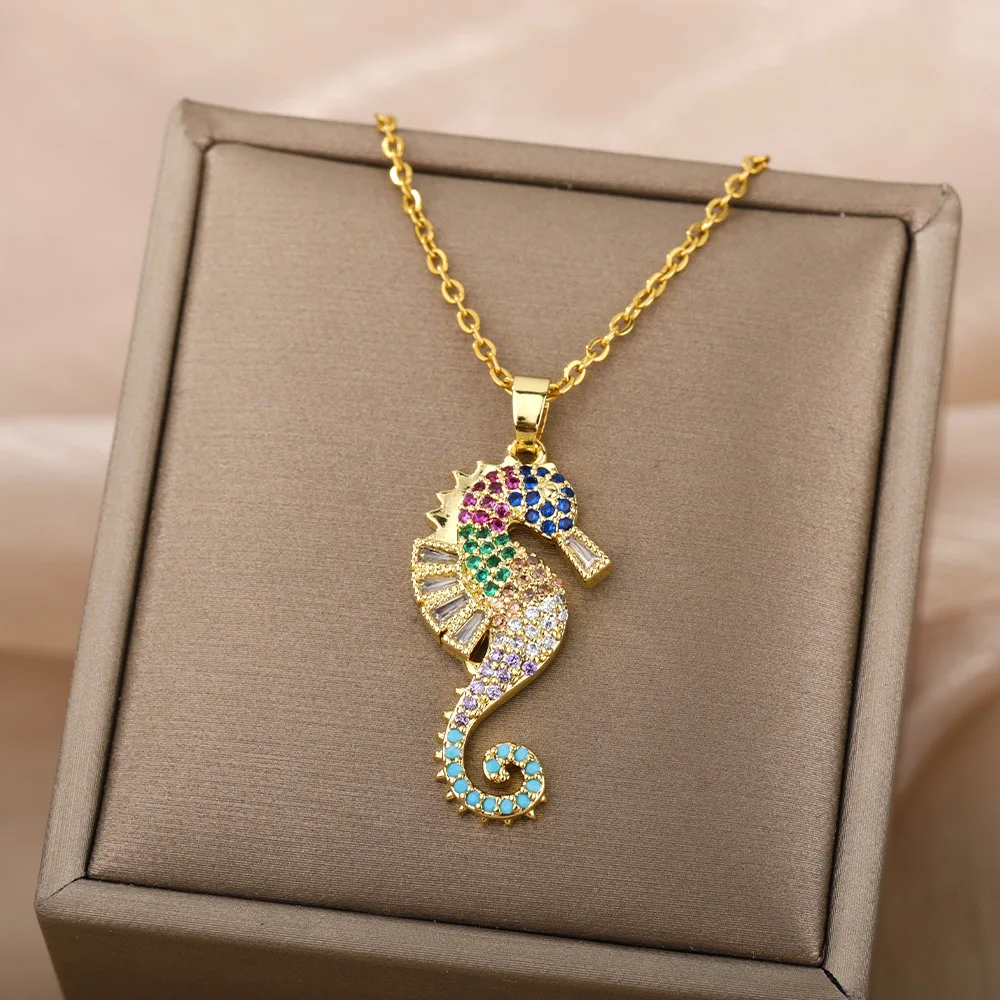 Trend Stainless Steel Colorful Zircon Seahorse Pendant Necklace For Women Ocean Beach Color Bohemian Jewelry Gift
Trend Stainless Steel Colorful Zircon Seahorse Pendant Necklace For Women Ocean Beach Color Bohemian Jewelry Gift