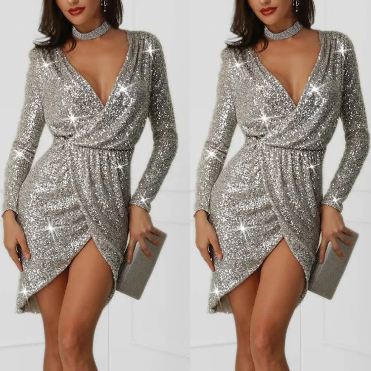 Women Temperament Dress Fashion Sexy Deep V Breastless Sequined Hip Irregular Dresses Long Sleeve Slim Elegant Party Dress Hot
Women Temperament Dress Fashion Sexy Deep V Breastless Sequined Hip Irregular Dresses Long Sleeve Slim Elegant Party Dress Hot