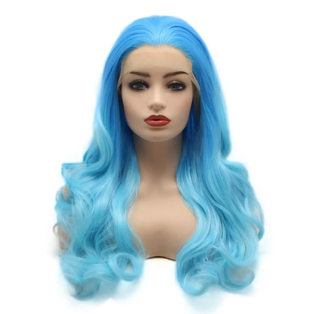 

Jeelion Hair Wavy Long 24inch Two Tone Blue Ombre Half Hand Tied Heat Resistant Synthetic Lace Front Wig