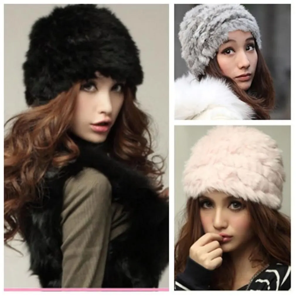 Women Rabbit Fur Knitted Cap Ladies Knitting wool Casual beanies caps cute Girls cap winter thick warm hats Russian Style | Аксессуары