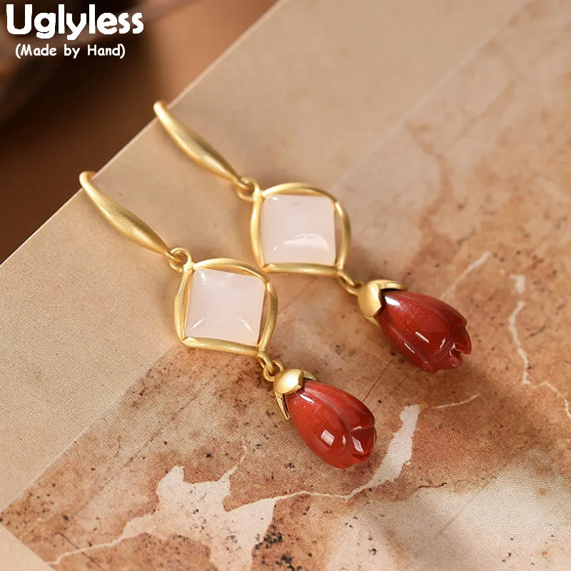 

Uglyless Fashion Elegant Magnolia Flower Agate Earrings for Women 925 Sterling Silver Floral Earrings Nature Jade Square Brincos
