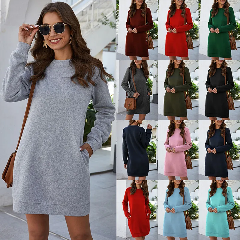 2022 Autumn Winter O Neck Long Sleeve Women's Sweatshirt Dress Solid Loose Pocket Ladies Mini Dress Women Dress Women Hoodie 
2022 Autumn Winter O Neck Long Sleeve Women's Sweatshirt Dress Solid Loose Pocket Ladies Mini Dress Women Dress Women Hoodie