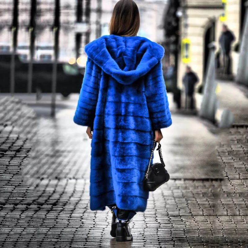 

120cm Long Royal Blue Women Genuine Mink Fur Coats With Big Hood Thick Warm Overcoats Luxury Real Mink Fur Coat For Woman Winter