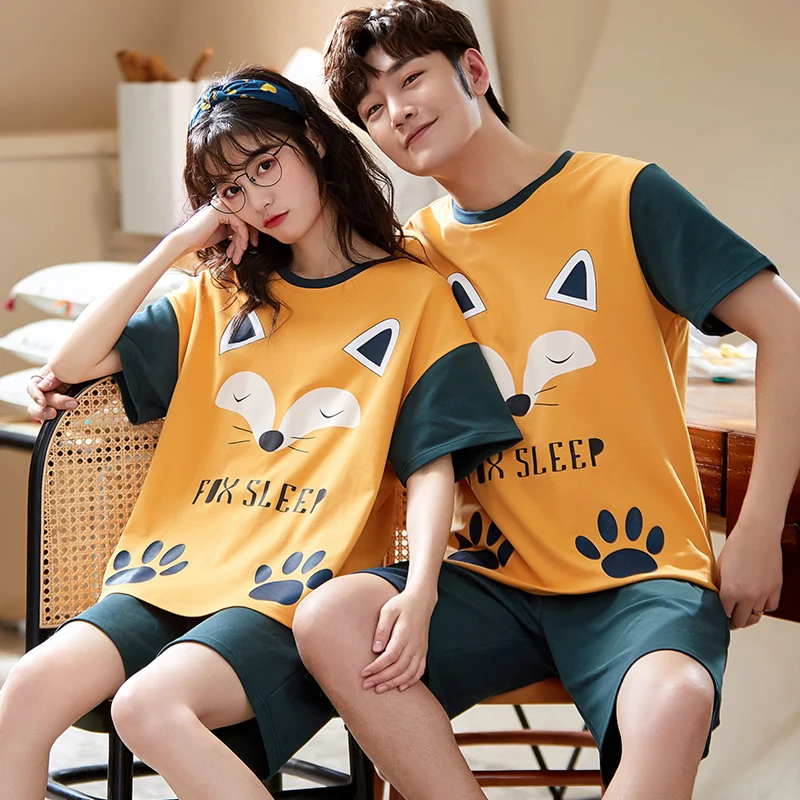 Cotton Couple Pajamas Summer Casual O-neck Men Women Short Sleeves Homewear Cute Sleep Fox Cartoon Couple Green Shorts Sleepwear 
Cotton Couple Pajamas Summer Casual O-neck Men Women Short Sleeves Homewear Cute Sleep Fox Cartoon Couple Green Shorts Sleepwear