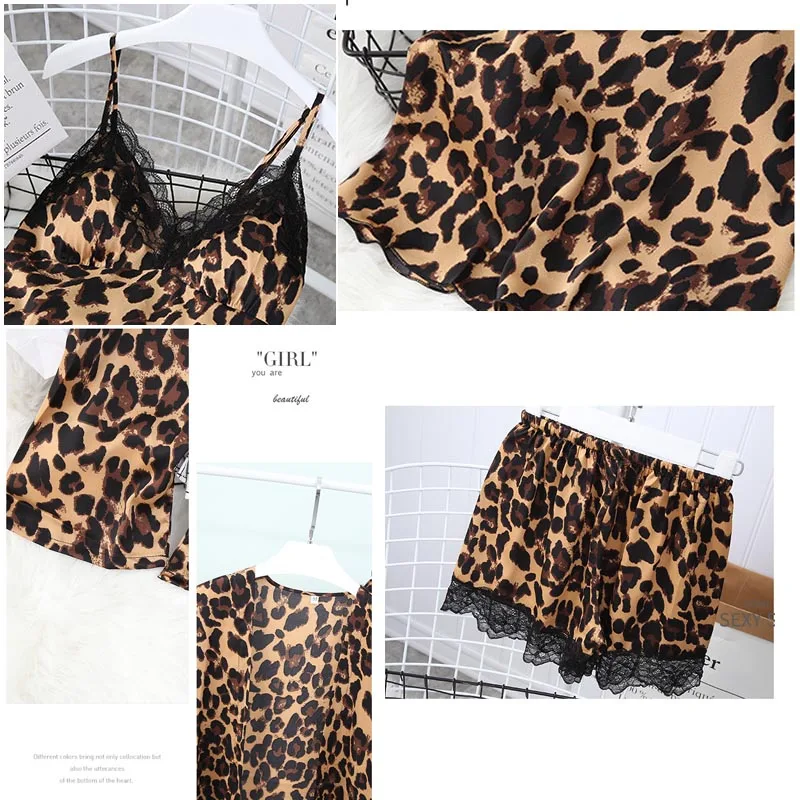 2020 New Sexy Ladies 5Pieces Pajamas Set Summer Leopard Print Lace Ice Satin Silk Women Pajamas Set with Chest Pads Home Service
2020 New Sexy Ladies 5Pieces Pajamas Set Summer Leopard Print Lace Ice Satin Silk Women Pajamas Set with Chest Pads Home Service