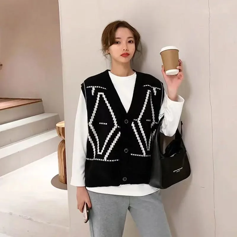 

Diamond lattice single-breasted cardigan vest sleeveless spring new female sweater sweater Harajuku BF style woman jacket