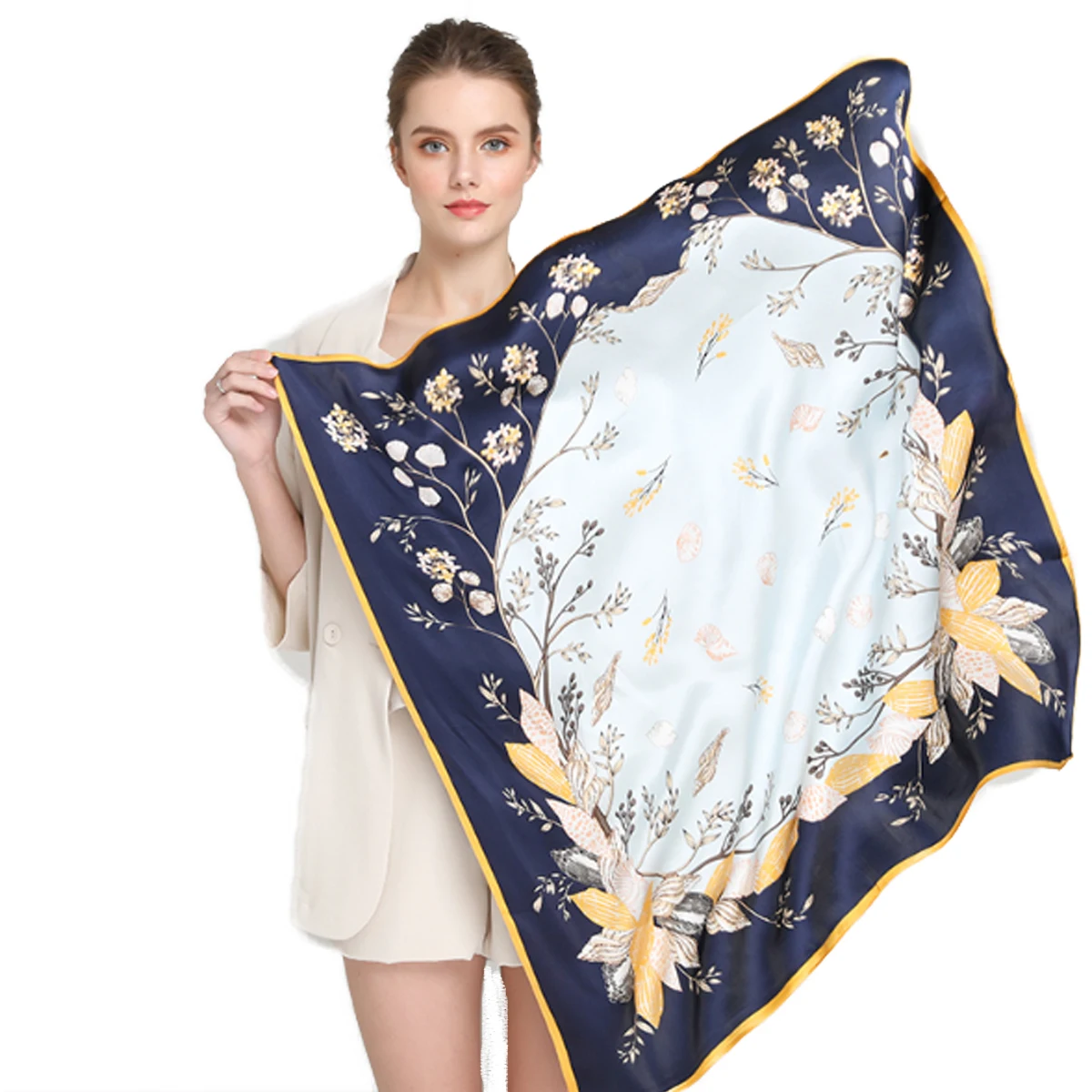 

Vintage 100% Silk Scarf Shawls Women Large Square Sunscreen Wraps Cape Print Blue 90CM