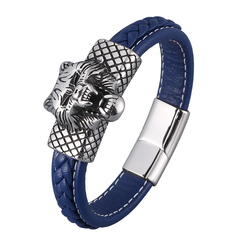 Stainless Steel Wolf Head Leather Braided Wrist Bracelets Men Jewelry Blue Rope Hand Chain Punk Rock Bangles Male Gifts PD0881
Stainless Steel Wolf Head Leather Braided Wrist Bracelets Men Jewelry Blue Rope Hand Chain Punk Rock Bangles Male Gifts PD0881