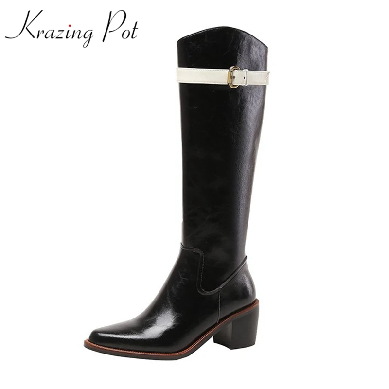 Vichelo Hot full grain leather riding boots metal buckle thick high heels round toe keep warm winter mixed color knee-high boots
Vichelo Hot full grain leather riding boots metal buckle thick high heels round toe keep warm winter mixed color knee-high boots