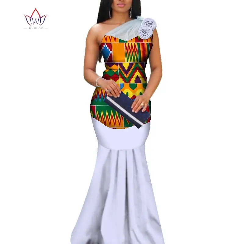Applique African Print Long Dresses for Women Bazin Riche Mermaid Draped Style Custom Wedding Clothing WY3377 | Тематическая одежда