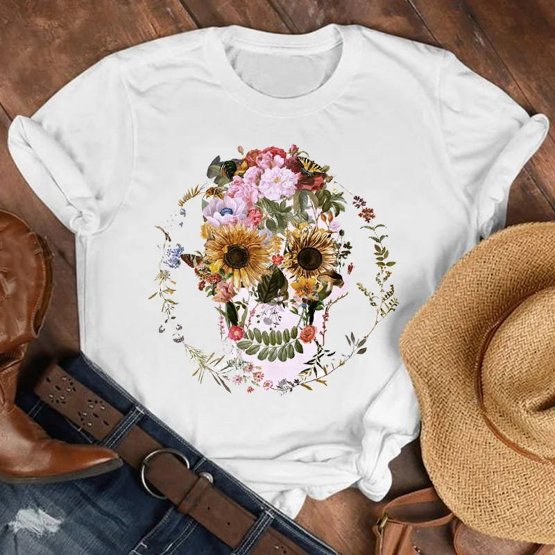 Фото Женская забавная футболка с цветочным принтом на лето и осень - купить
