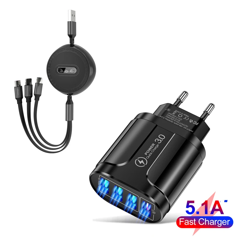 DC 5V Fast Charger QC Phone Charger Adapter USB For Phone Samsung Huawei Xiaomi 3 IN 1 Phone Charger Cable Type-C Micro USB 8Pin
DC 5V Fast Charger QC Phone Charger Adapter USB For Phone Samsung Huawei Xiaomi 3 IN 1 Phone Charger Cable Type-C Micro USB 8Pin