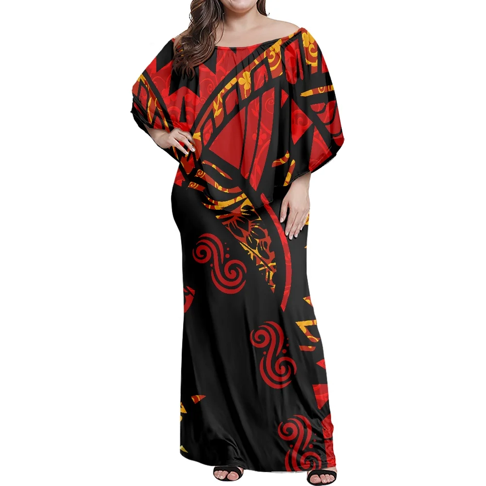 

Polynesian Hawaiian Tribal Fall Off Shoulder Bodycon Maxi Dress With Shawl Samoan Women Frill Dresses Red Plus Size Clothing