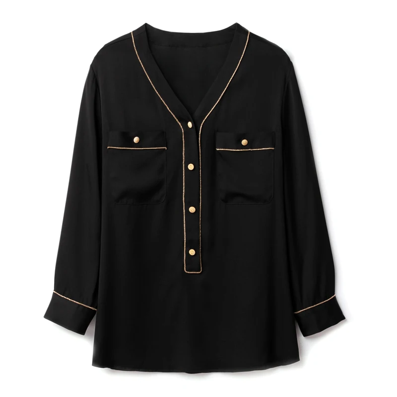 97% Silk 3% Spandex Women's Shirt Sexy V Neck 3/4 Sleeves Golden Line Piping Fashion Blouse Camisa Tops
97% Silk 3% Spandex Women's Shirt Sexy V Neck 3/4 Sleeves Golden Line Piping Fashion Blouse Camisa Tops