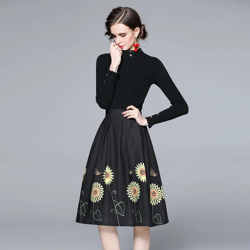Women Winter Designer Elegant Party Dress Sets Female Long Sleeve Knit Sweater Top+ Fashion Sunflower Print Skirt Two Piece Set
Women Winter Designer Elegant Party Dress Sets Female Long Sleeve Knit Sweater Top+ Fashion Sunflower Print Skirt Two Piece Set