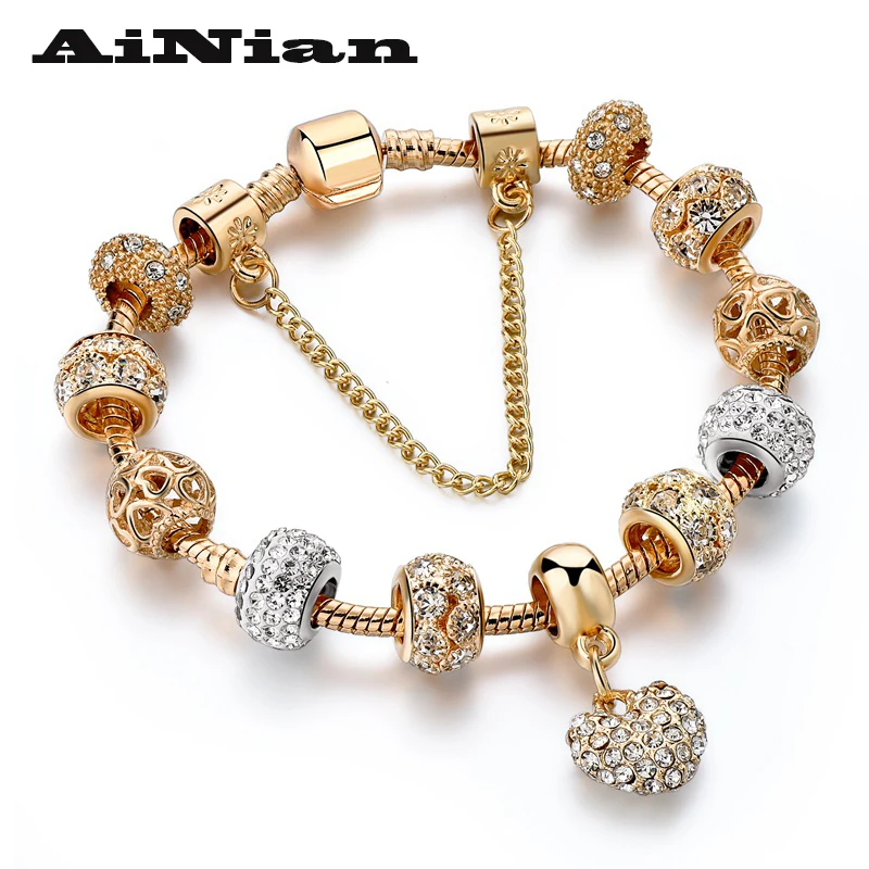Фото Роскошные хрустальные браслеты с сердечками и золотые для женщин ювелирные