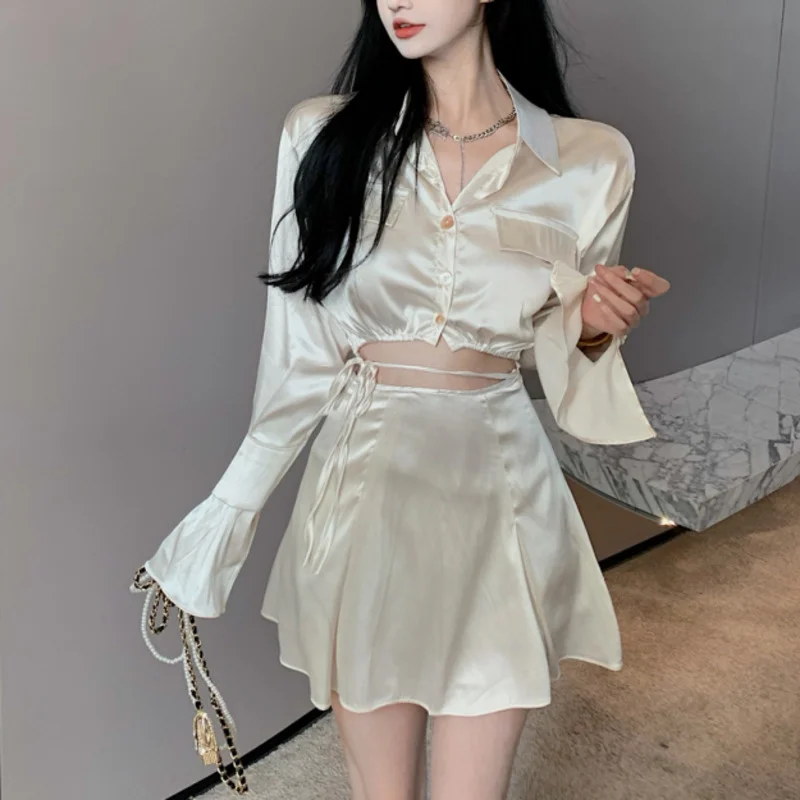 Korean Satin 2 Piece Set Women Single-breasted Shirt Blouse Crop Top + High Waist Skirts Sets Fashion Casual Two Piece Set
Korean Satin 2 Piece Set Women Single-breasted Shirt Blouse Crop Top + High Waist Skirts Sets Fashion Casual Two Piece Set