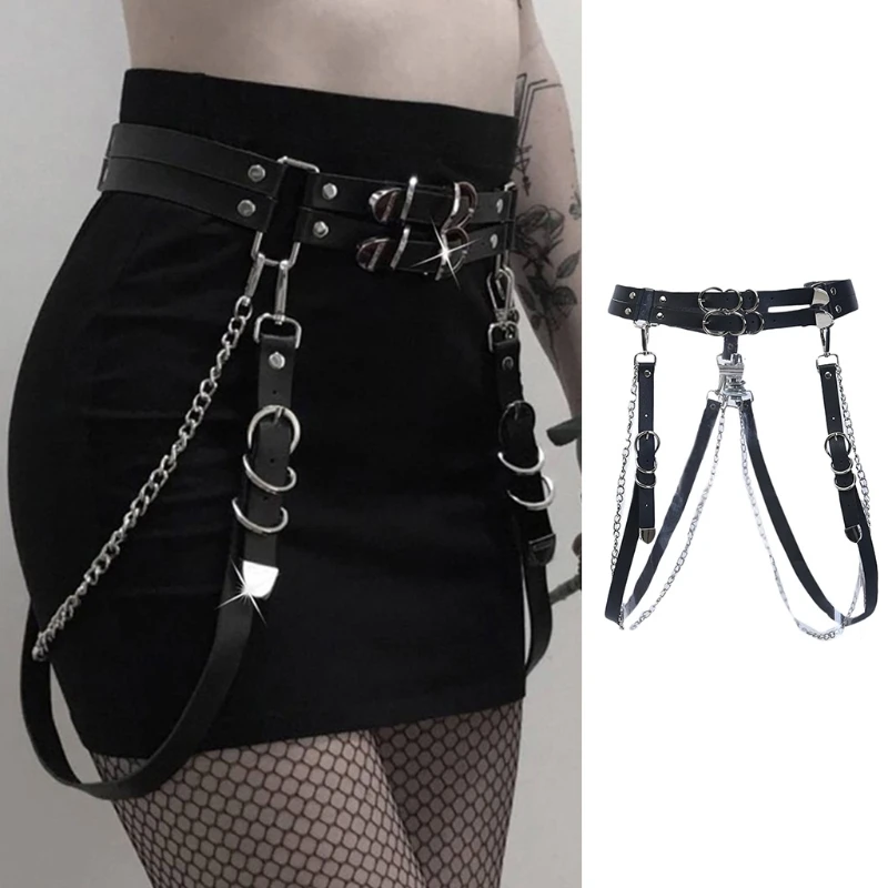Leather Belt with Chain Body Waist Strap Cool Wasitban Girls JK Dress Punk
