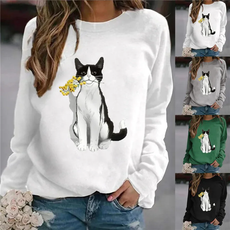 

Женский свитшот с длинным рукавом, Повседневный пуловер свободного покроя с круглым вырезом и принтом мультяшного кота в стиле Харадзюку, о...
