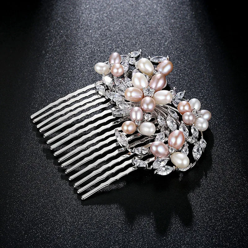 SLBRIDAL Luxury Trendy Freshwater Pearls Cubic Zirconia Bridal Hair Comb Wedding Headpieces Women Girls Jewelry Hair Accessories