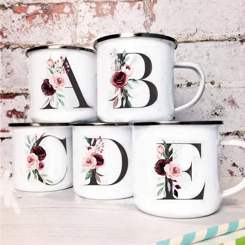 

Letter Flower Print Mugs Creative Coffee Wine Cup Drinks Dessert Milk Cups Enamel Mugs Handle Drinkware Wedding Bridesmaid Gifts
