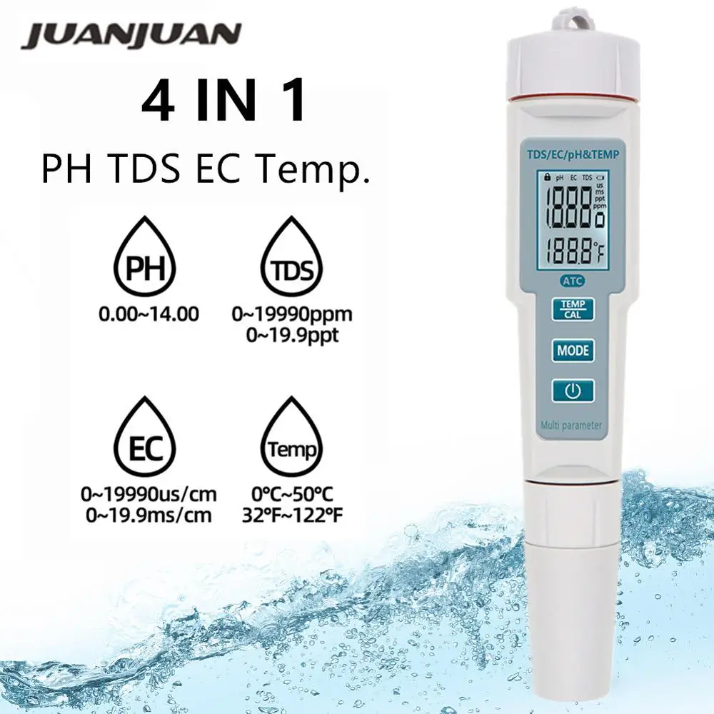 4 в 1 рН TDS EC измеритель температуры тестер цифровой монитор качества воды