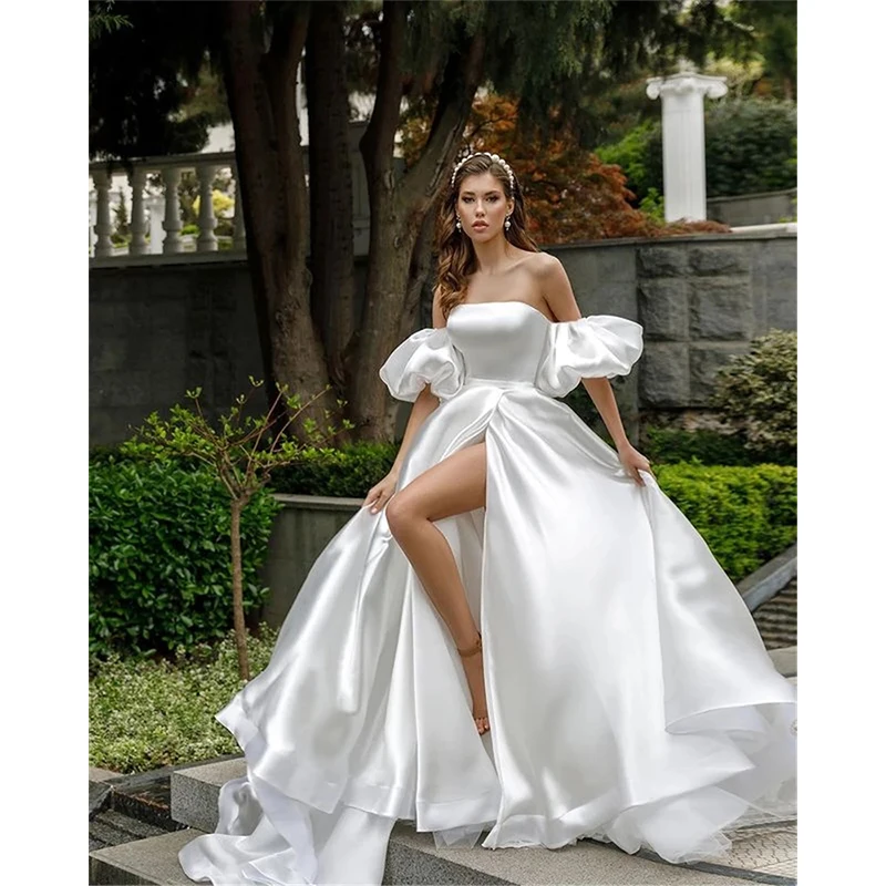 HERBURNL Removable Puff Sleeve Satin Wedding Dress High Slit Side A-line Simple Styles Bridal Dress with Court Train 2022
HERBURNL Removable Puff Sleeve Satin Wedding Dress High Slit Side A-line Simple Styles Bridal Dress with Court Train 2022