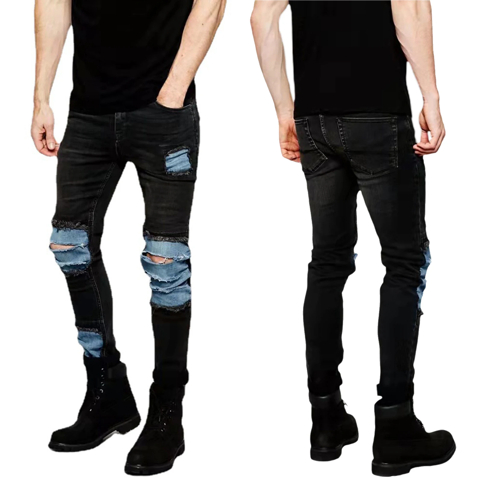 

Мужские джинсы большого размера 3XL 2022, мужские узкие джинсовые брюки, повседневные зауженные джинсы-стрейч с цветными блоками и рваными дыр...