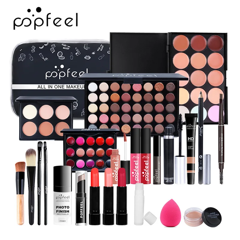 

Popfeel All In 1 Makeup Set Cosmetic Brushes Mascara Lipstick Concealer with Bag Eye Glitter Matte Eyeshadow Palette Maquillaje
