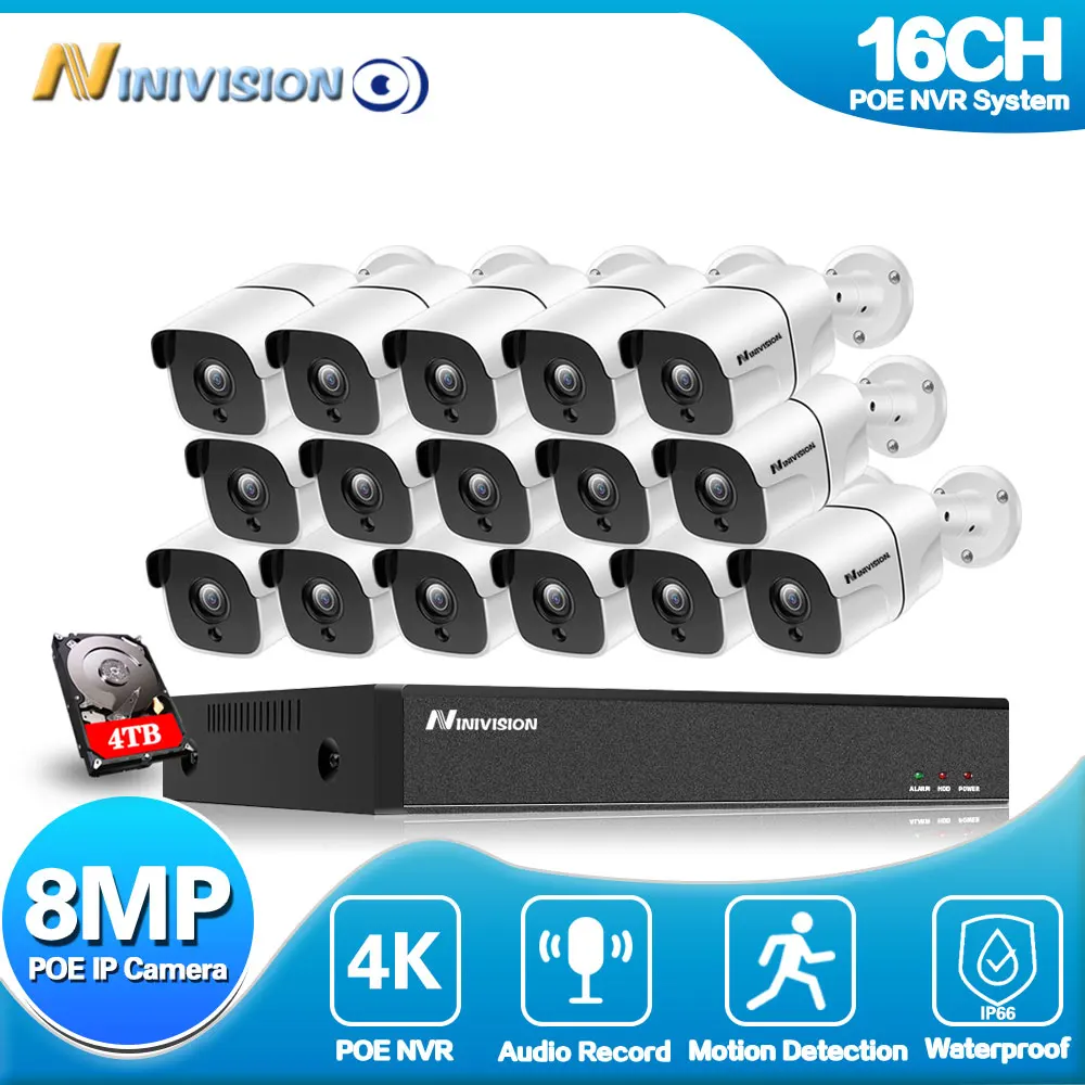 

8MP POE Bullet Camera System Set 16CH NVR Kit 4K Outdoor Waterproof Audio CCTV Security Surveillance Camera System Kit HDD