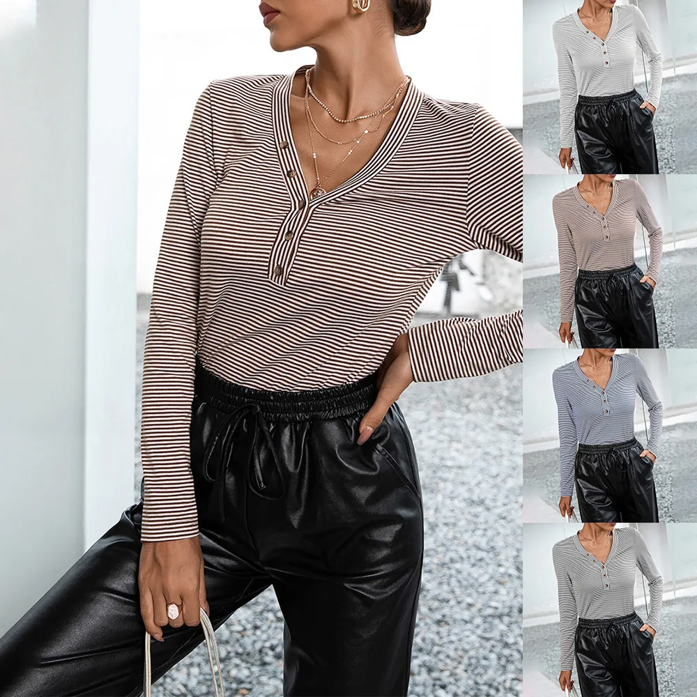 Striped Printed Women Tops Shirt Long Sleeve V-Neck Button Ladies Tee Shirt Fashion Casual Female Tops Blouses Tshirt
Striped Printed Women Tops Shirt Long Sleeve V-Neck Button Ladies Tee Shirt Fashion Casual Female Tops Blouses Tshirt