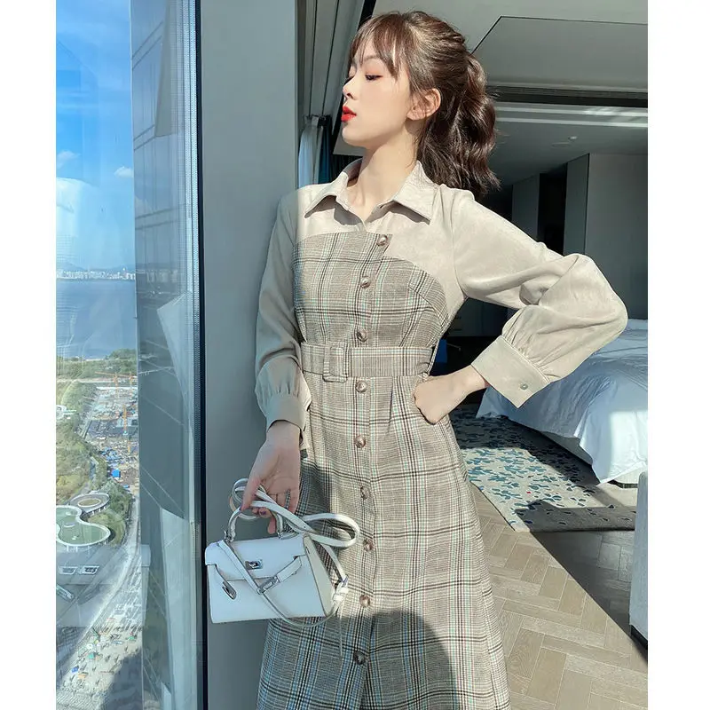 Plaid Fake Two-Piece Female Dresses Spring 2021 New Waist Slimming Dress Women Shirt Stitching A-Line Dress Lady Belt Dress W28
Plaid Fake Two-Piece Female Dresses Spring 2021 New Waist Slimming Dress Women Shirt Stitching A-Line Dress Lady Belt Dress W28
